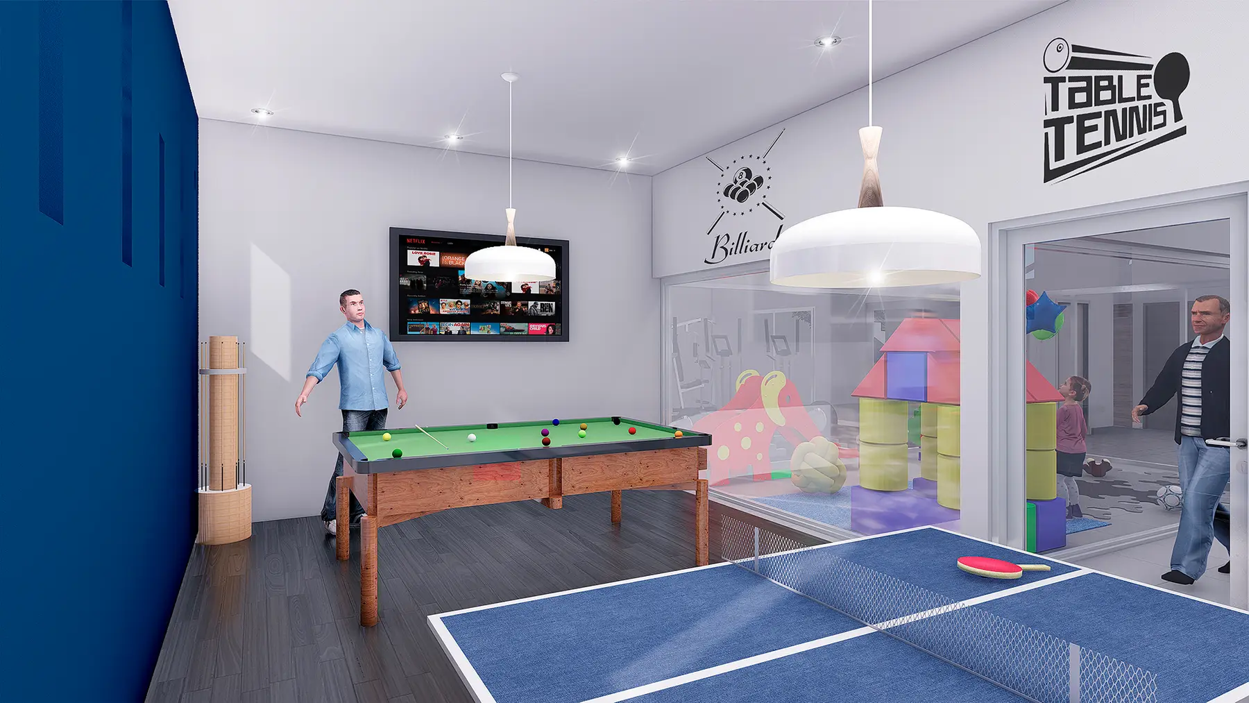 Salón de adultos con billar — render